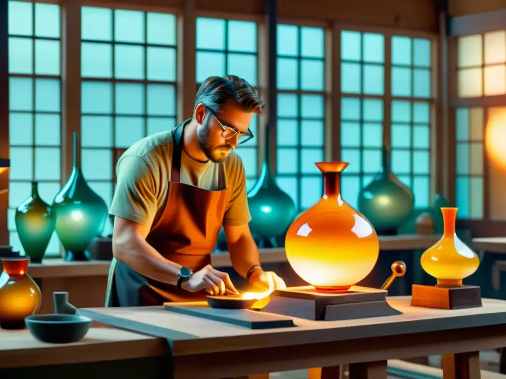 Un artesano en un taller de soplado de vidrio tradicional, rodeado de elementos de realidad aumentada que realzan el proceso artístico