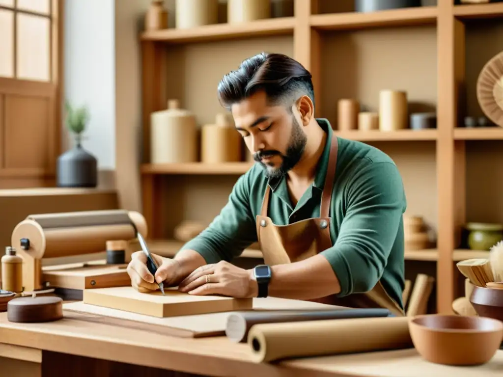 Un artesano en su taller sostenible utiliza herramientas digitales para crear productos artesanales, rodeado de materiales naturales