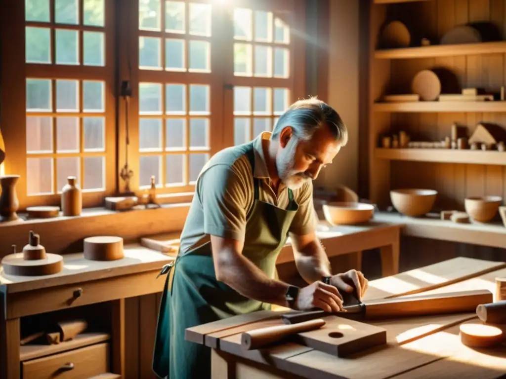 Un artesano de la carpintería talla con precisión en un taller tradicional, rodeado de muebles y herramientas de madera