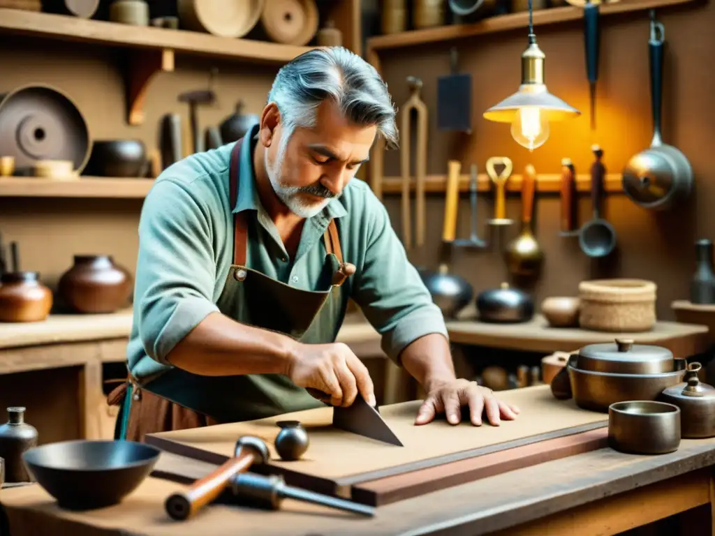 Un artesano trabaja en un taller tradicional rodeado de herramientas y productos hechos a mano