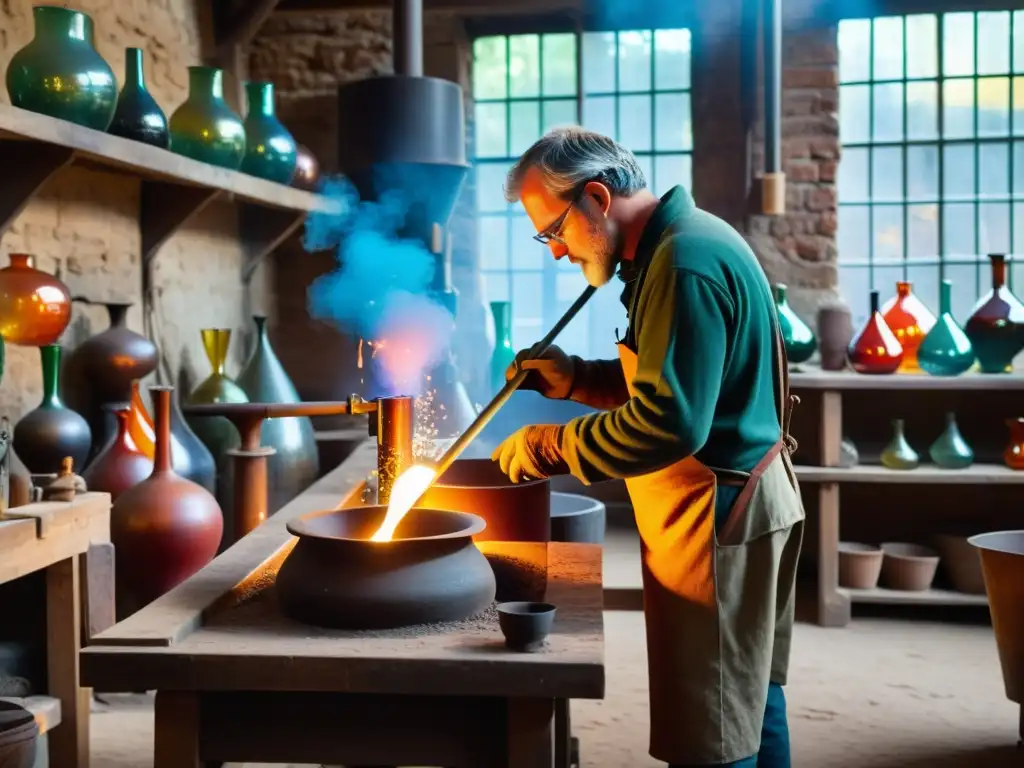Un artesano en su taller de vidrio, con esculturas y herramientas coloridas