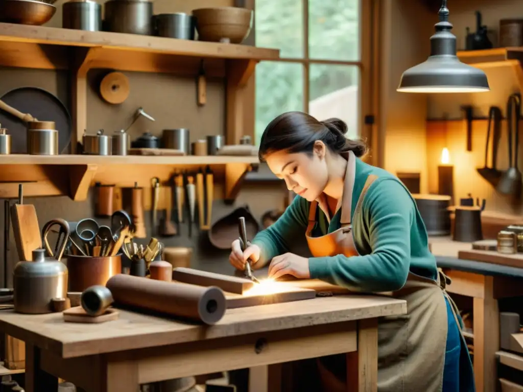 Un artesano trabaja en su taller vintage, rodeado de herramientas, materiales y productos terminados