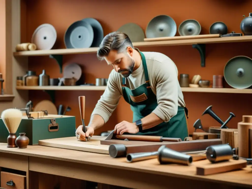 Un artesano en un taller vintage, usando innovación sostenible y herramientas digitales para crear piezas únicas