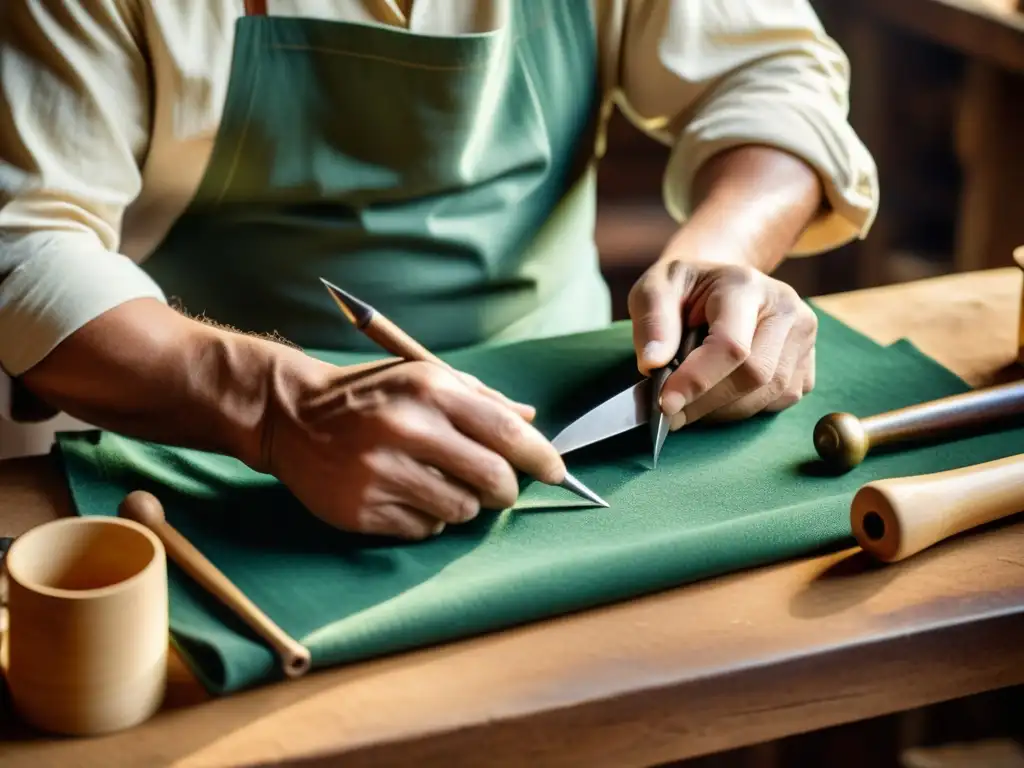 Un artesano hábil preservando técnicas ancestrales con diseño digital, rodeado de herramientas, creando con destreza una obra tradicional