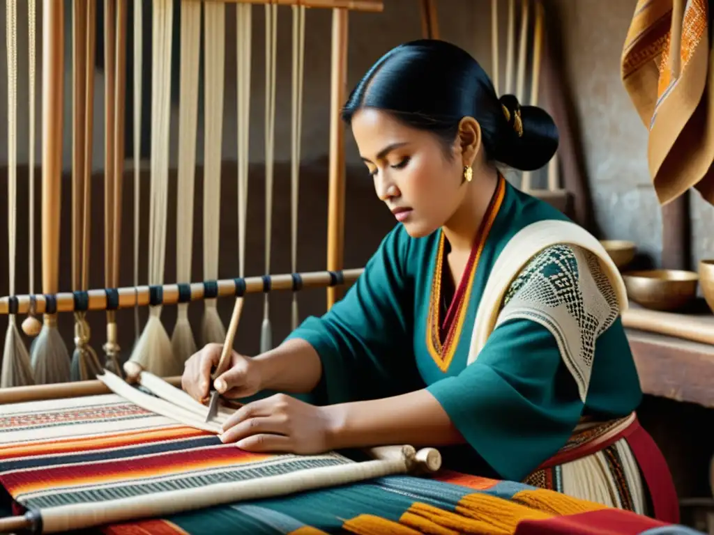 Artesano tejiendo con técnicas tradicionales, rodeado de patrones textiles, en tonos cálidos y nostálgicos