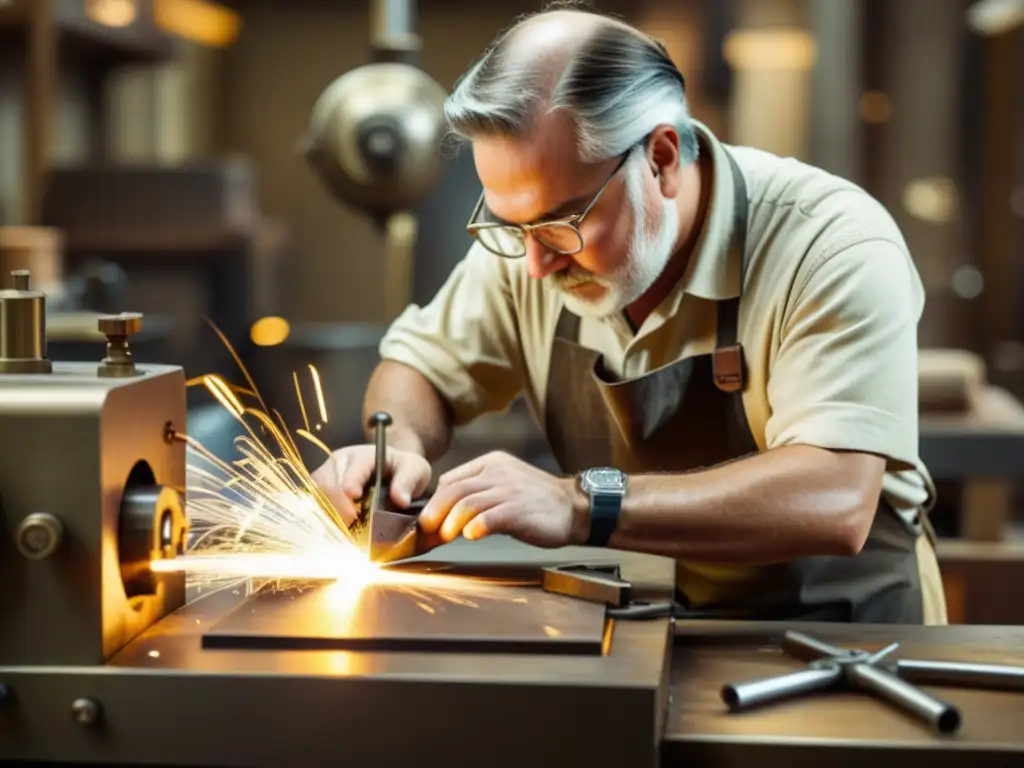 Un artesano hábil usa tecnología de prototipado rápido en metalurgia creativa, creando diseños metálicos intrincados con chispas volando