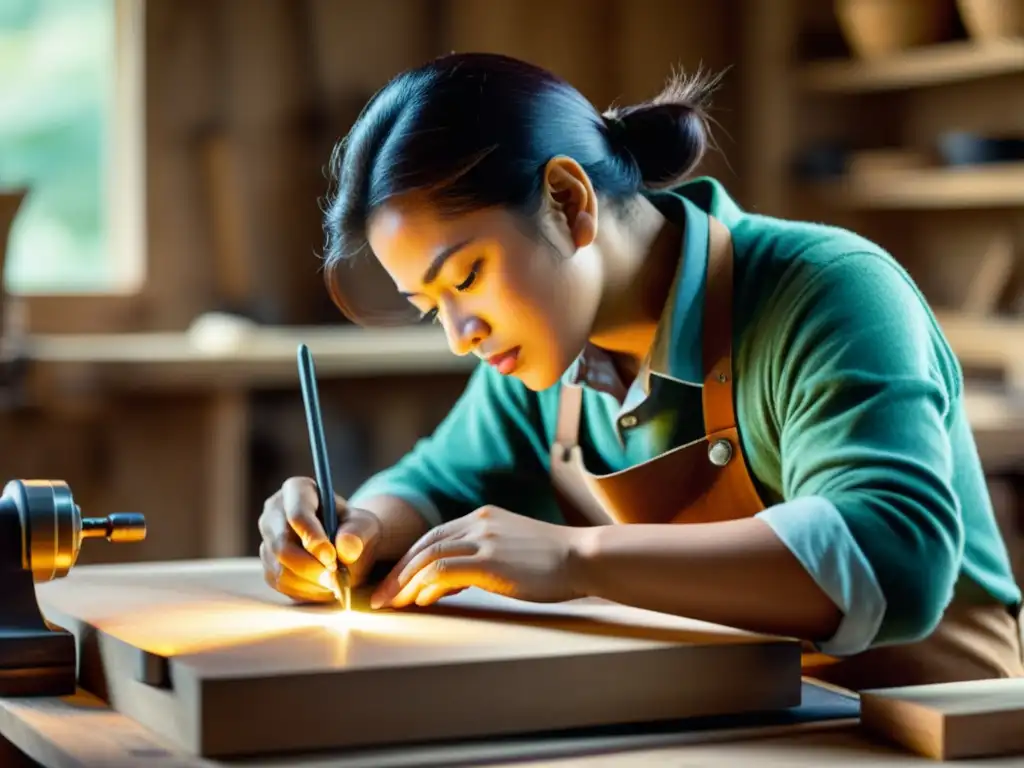 Un artesano hábil fusiona tradición y tecnología en un taller iluminado, demostrando la perfecta unión entre artesanía y modernidad