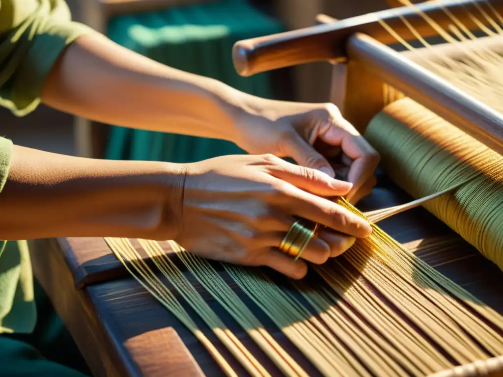 Un artesano tejedor experto preserva técnicas tradicionales con tecnología, hilando con destreza hilos vibrantes en un patrón textil