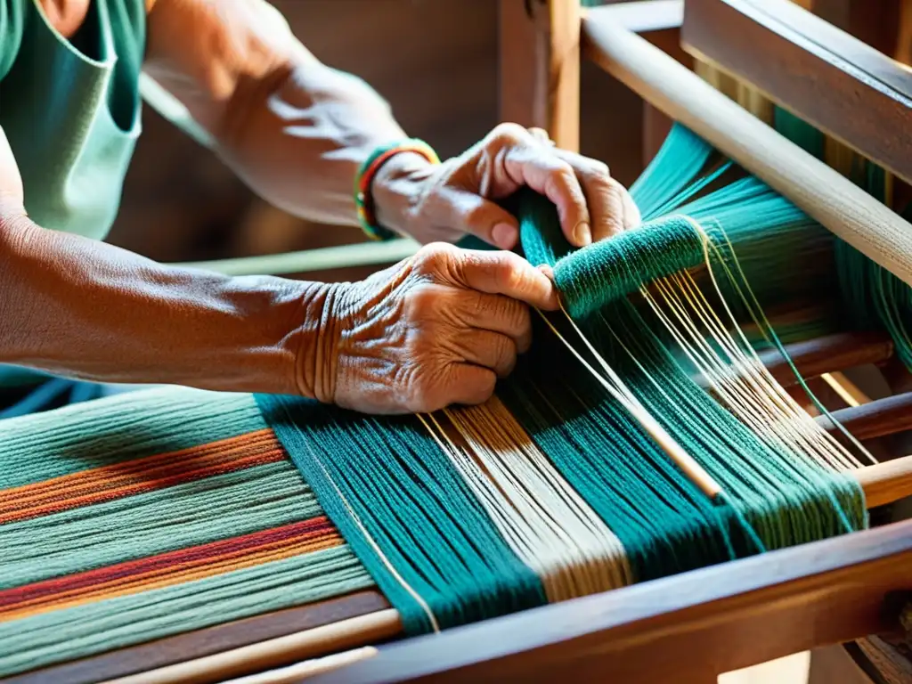 Un artesano teje hábilmente en un telar de madera, fusionando colores vibrantes en una hermosa artesanía tradicional en la era digital