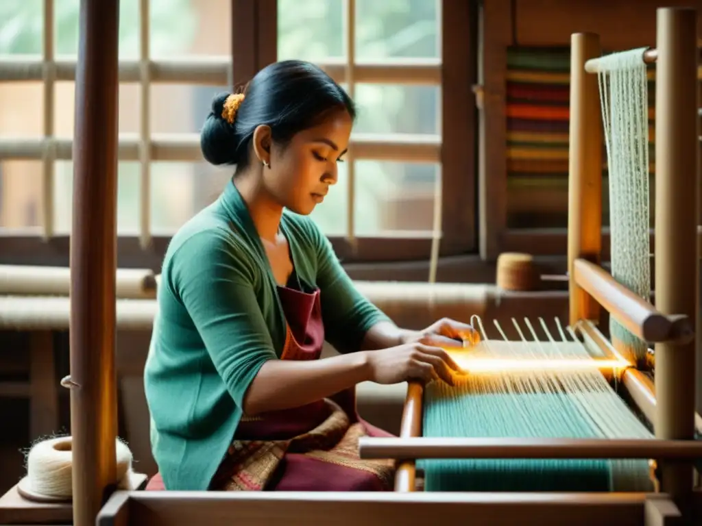 Un artesano teje en un telar de madera, rodeado de coloridos hilos y patrones textiles