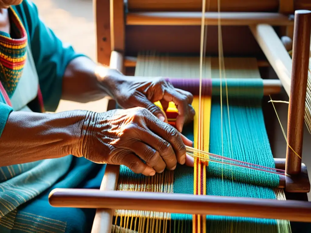 Un artesano teje con maestría en un telar tradicional, iluminado por el cálido sol de la tarde
