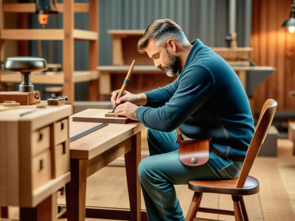 Un artesano realiza testeos digitales de durabilidad en una silla de madera, resaltando la calidad artesanal en un cálido taller