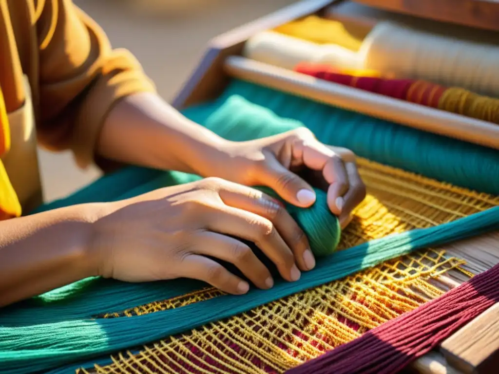 Un artesano tejendo un textil colorido con destreza, iluminado por el cálido sol