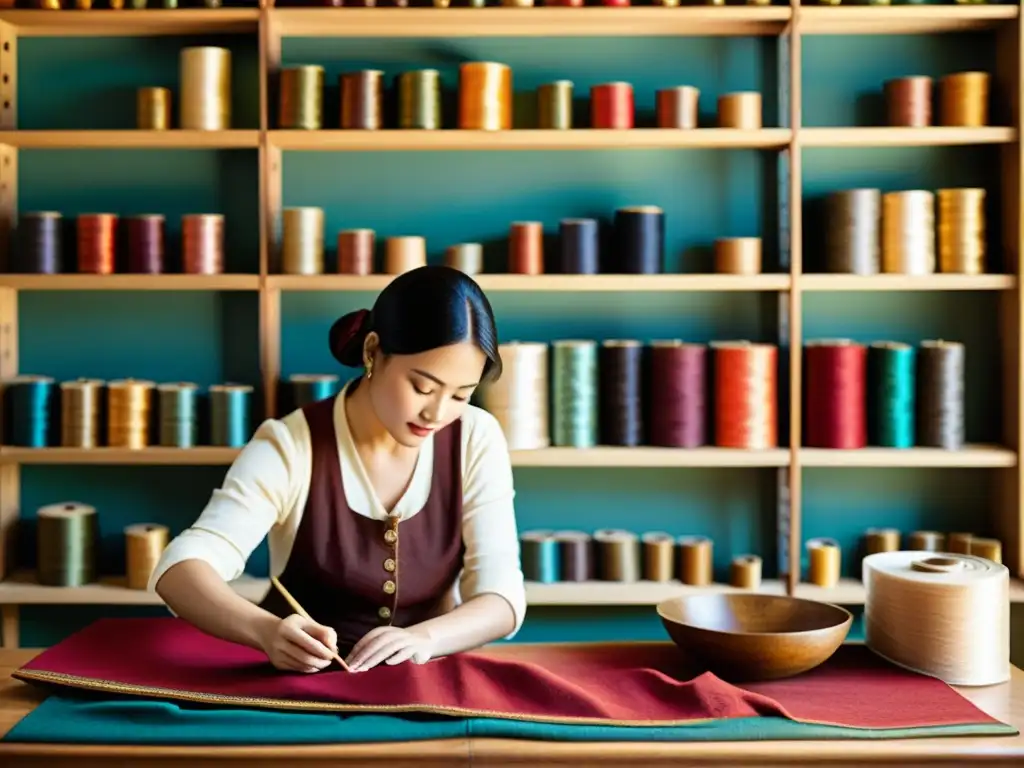 Un artesano textil crea una hermosa tapicería con herramientas vintage, enfocando su dedicación a la artesanía textil