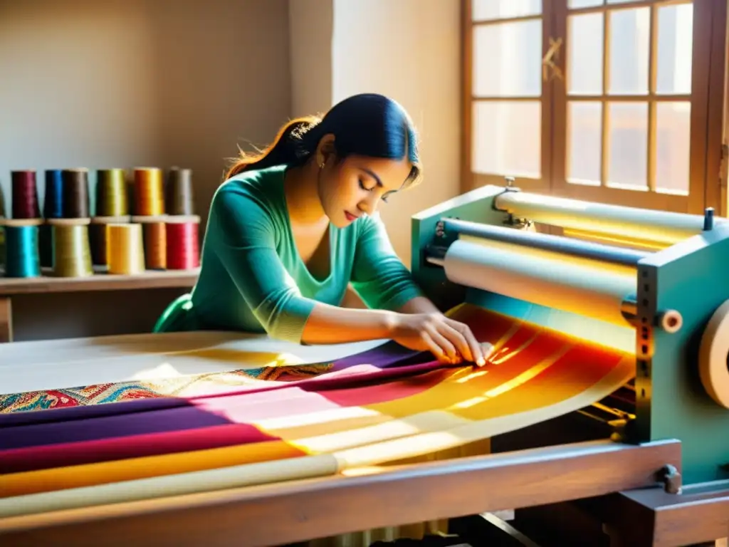 Un artesano textil realiza impresión digital en tela artesanal, rodeado de coloridos hilos y tintes, fusionando tradición y tecnología