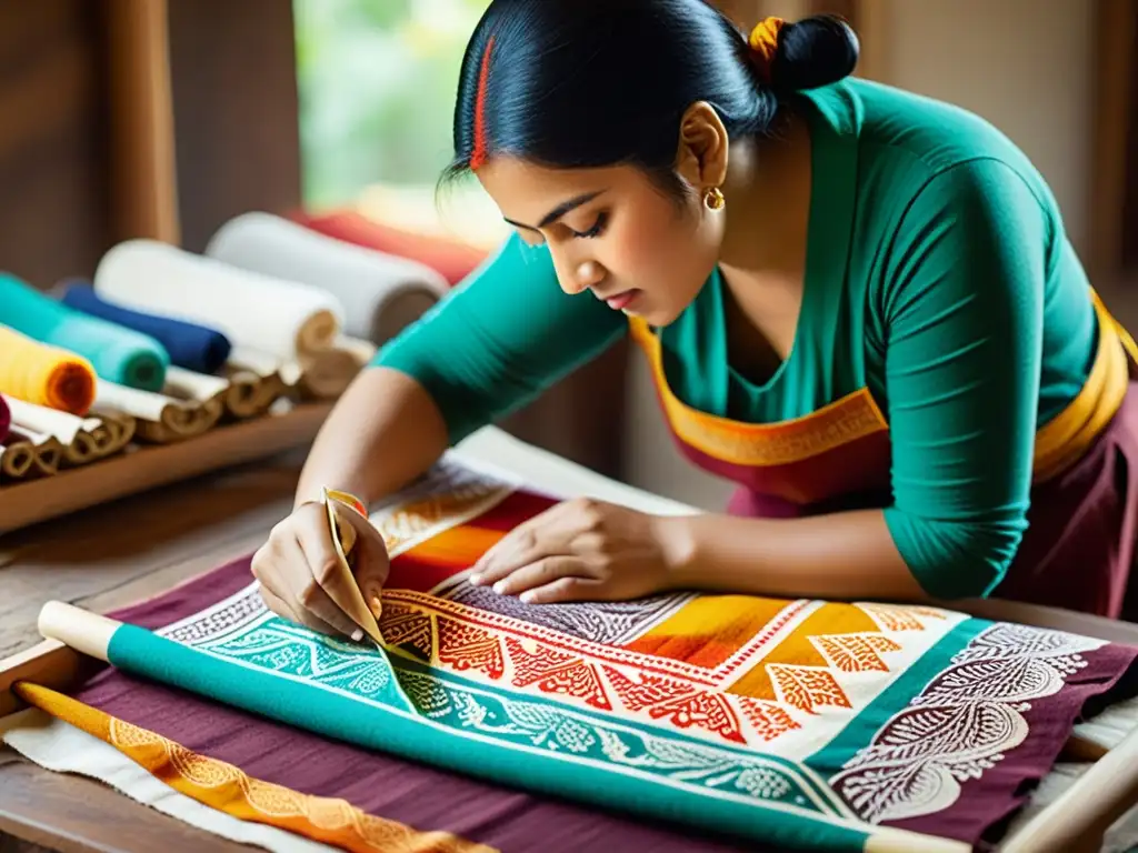 Un artesano textil imprime a mano un diseño colorido y detallado en tela, rodeado de tintes naturales, bloques de madera y telas