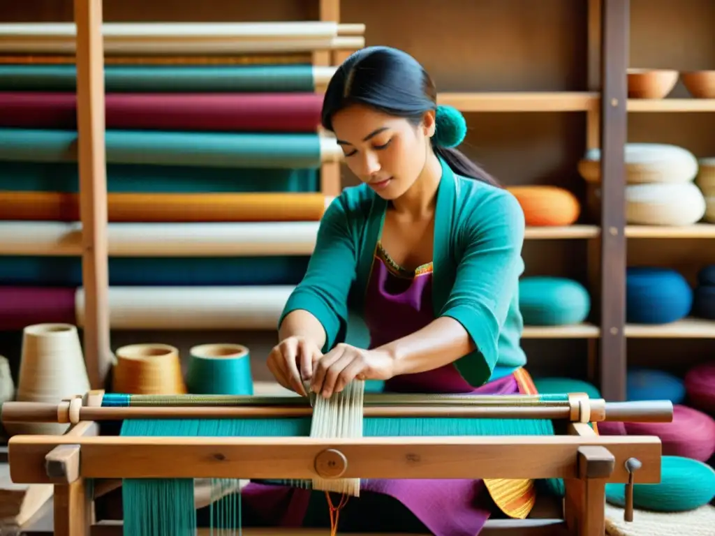 Un artesano teje textiles coloridos en un telar de madera, evocando una fusión de artesanía tradicional y digital