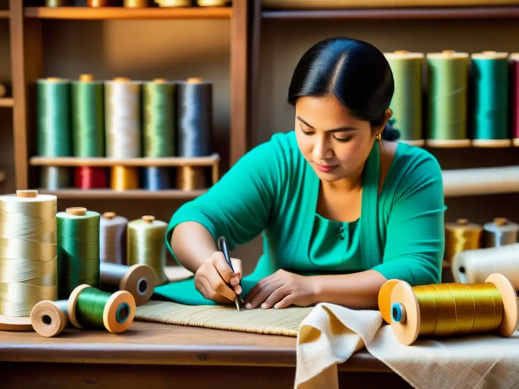 Un artesano hábil elabora textiles a mano, rodeado de hilos y herramientas