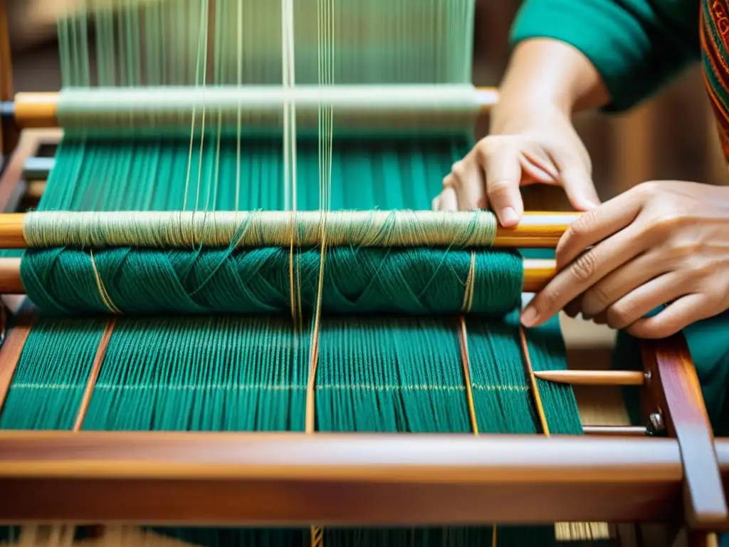 Hábil artesano tejiendo textiles tradicionales con integración contemporánea en un telar antiguo de madera