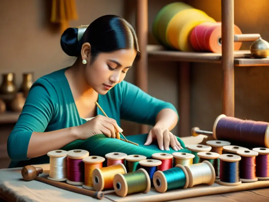 Un artesano crea textiles tradicionales rodeado de hilos y herramientas, preservando técnicas artesanales en era digital