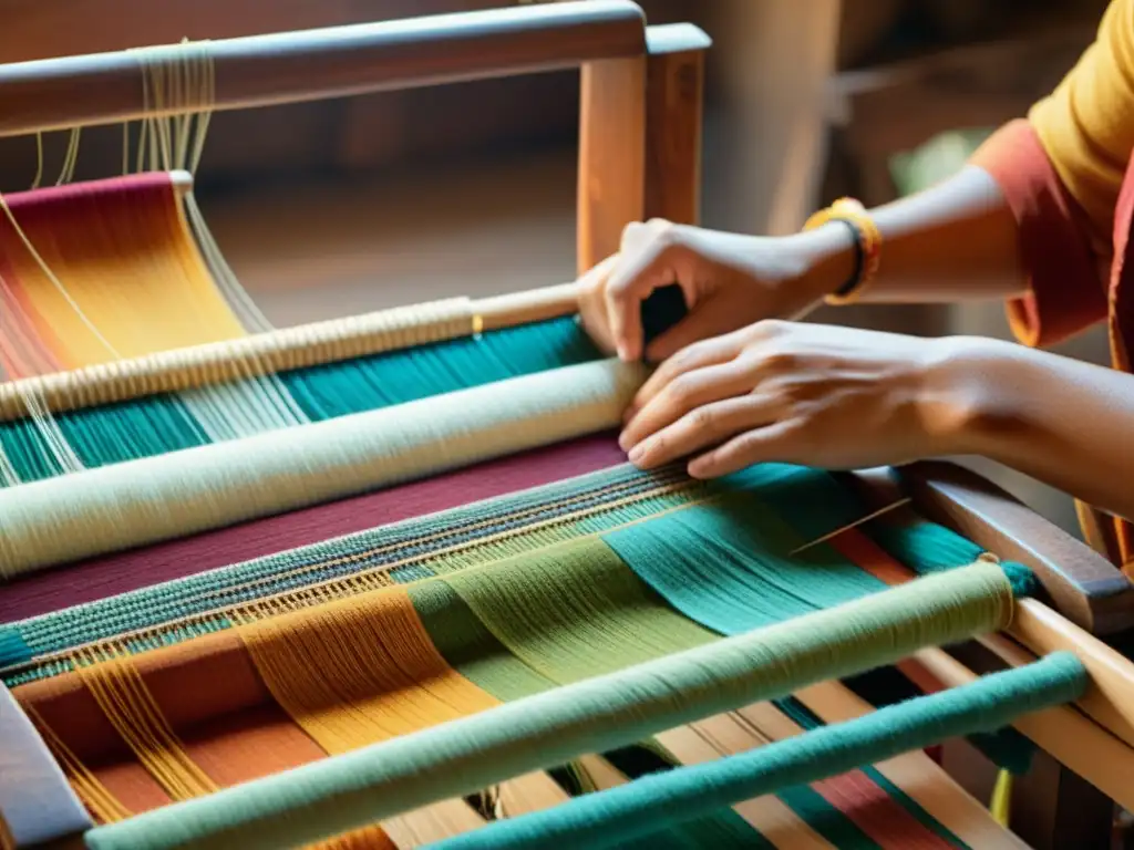 Un artesano teje textiles tradicionales en un telar de madera rodeado de tintes naturales y una cálida atmósfera