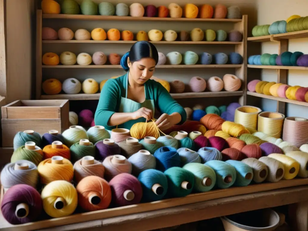 Un artesano tiñendo meticulosamente lana con pigmentos naturales, rodeado de coloridas madejas y equipamiento histórico