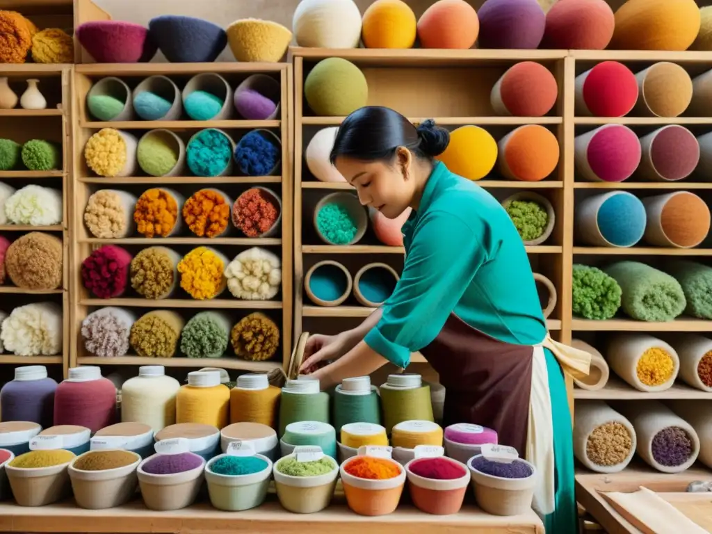 Artesano tiñendo telas en un taller vintage con técnicas antiguas de teñido en cursos, rodeado de coloridos tintes y ingredientes naturales