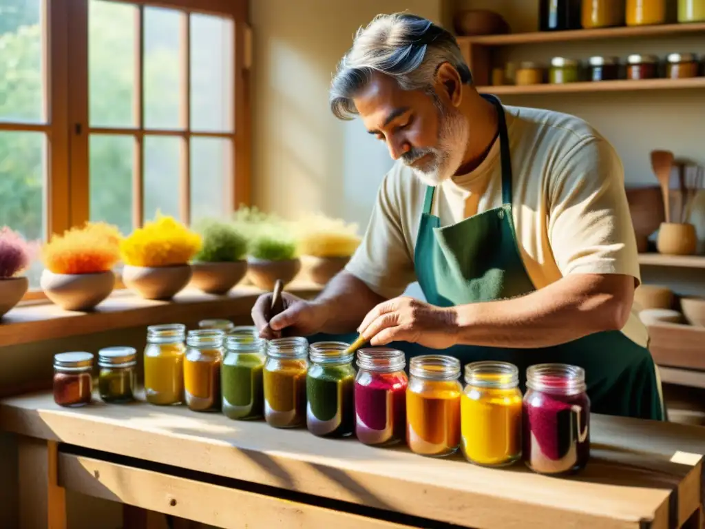 Un artesano mezcla tintes ecológicos para artesanía digital en un estudio soleado, rodeado de plantas y pigmentos coloridos