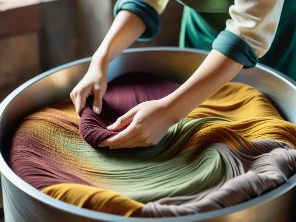 Un artesano sumerge cuidadosamente tela en tintes naturales, creando patrones y colores ricos