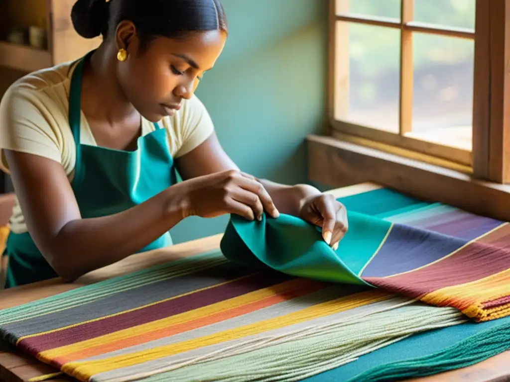 Un artesano teje cuidadosamente tiras de tela reciclada, creando un hermoso y elaborado textil en una producción artesanal sostenible digital