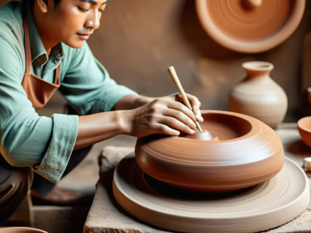 Un artesano trabaja en un torno de alfarería rodeado de herramientas digitales, fusionando tradición y tecnología