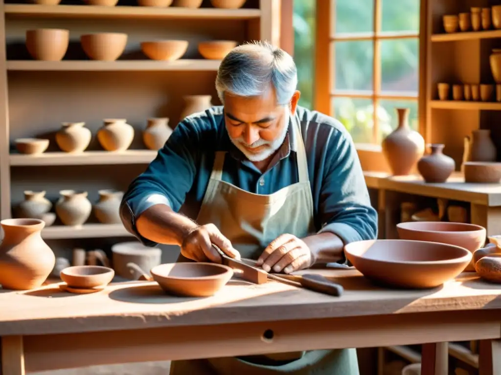 Un artesano tradicional modelando arcilla con herramientas artesanales, rodeado de piezas de cerámica y materiales