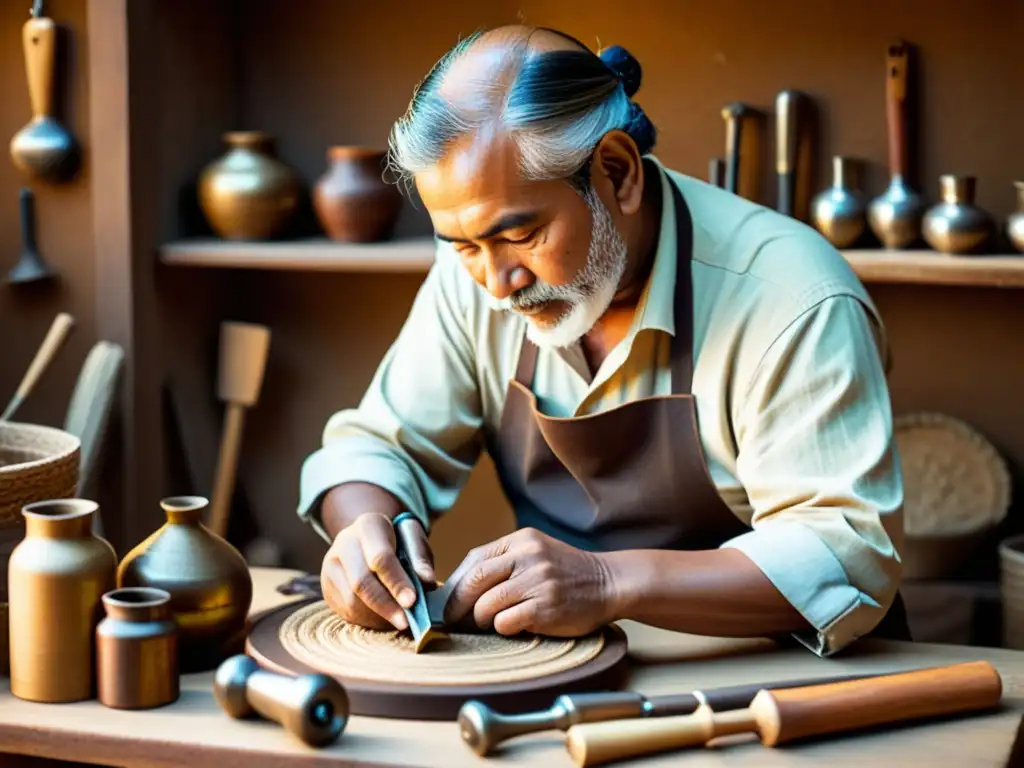 Artesano tradicional creando artesanía, rodeado de herramientas antiguas