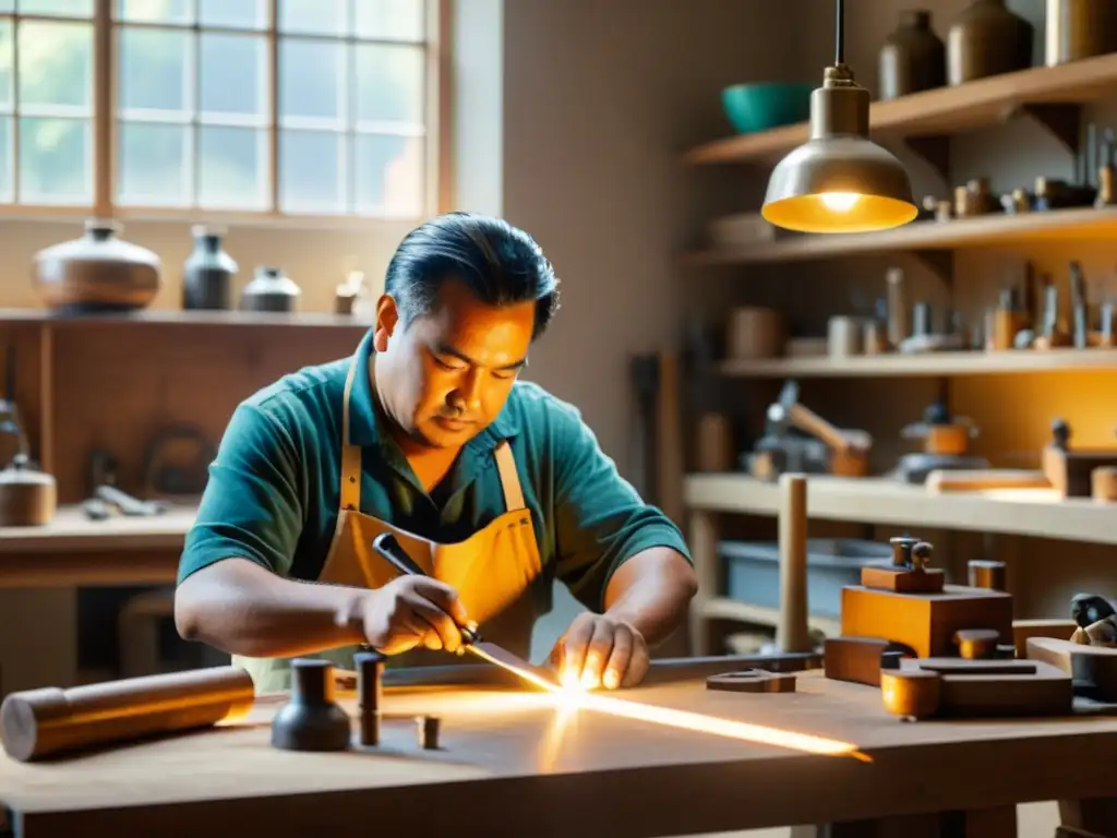 Un artesano tradicional trabaja en un fab lab, combinando la artesanía con tecnología moderna