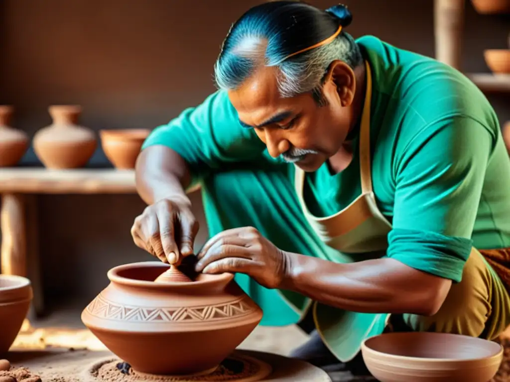 Artesano tradicional moldeando cerámica con destreza, exhibiciones realidad aumentada artesanía tradicional