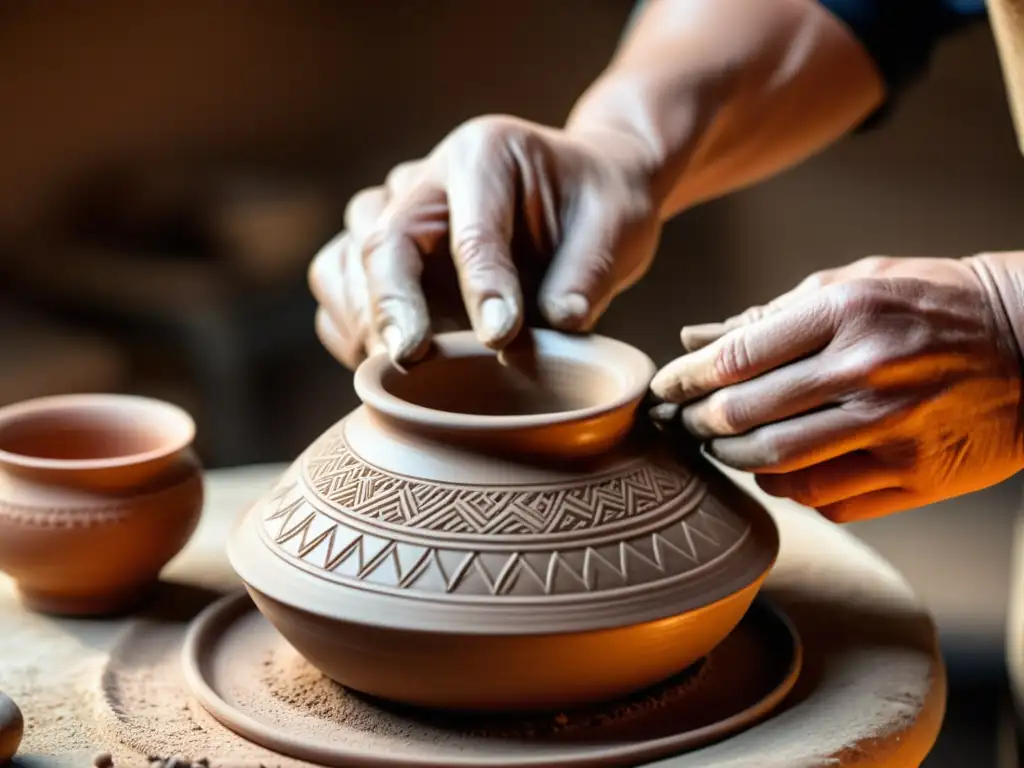 Artesano tradicional modelando cerámica con detalle y dedicación, en tonos cálidos y ambiente histórico