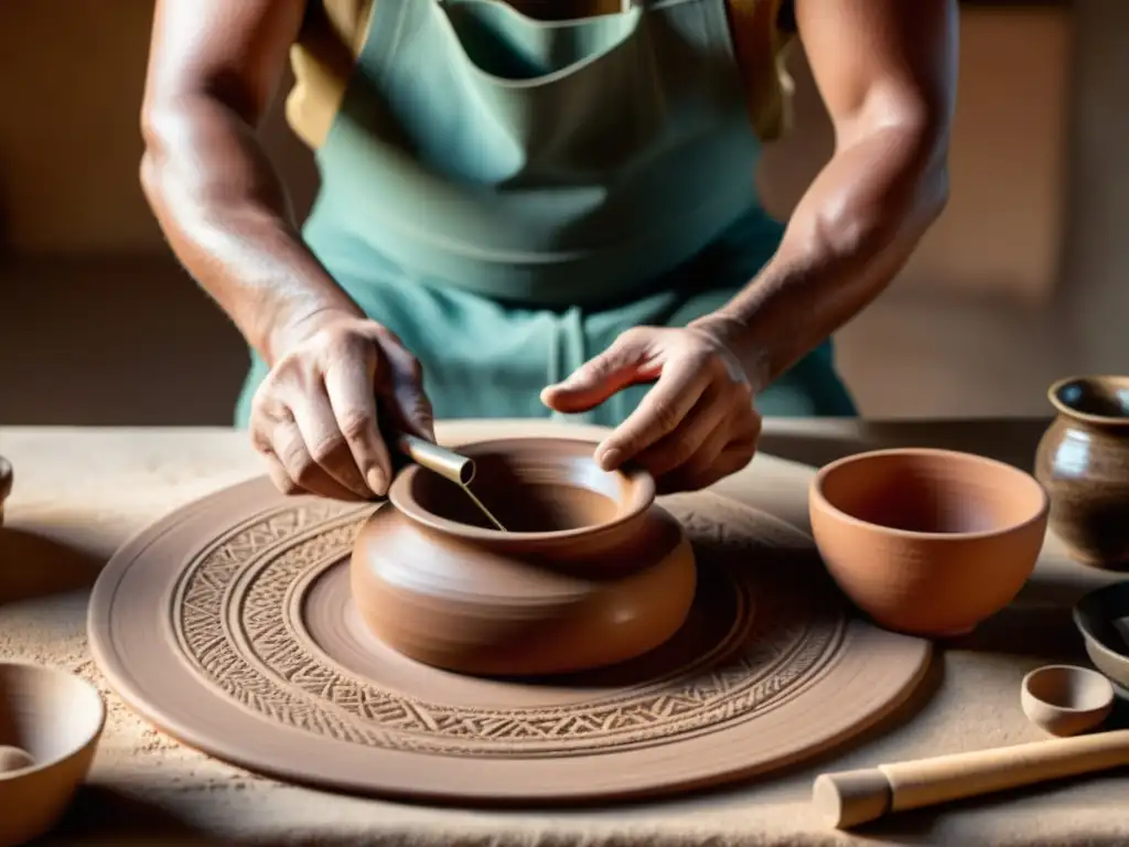 Artesano tradicional moldeando cerámica con herramientas vintage en cálida luz, reflejando la artesanía