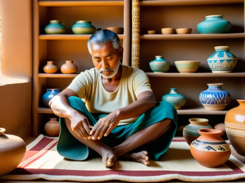 Artesano tradicional pintando cerámica a mano, bañado en luz dorada