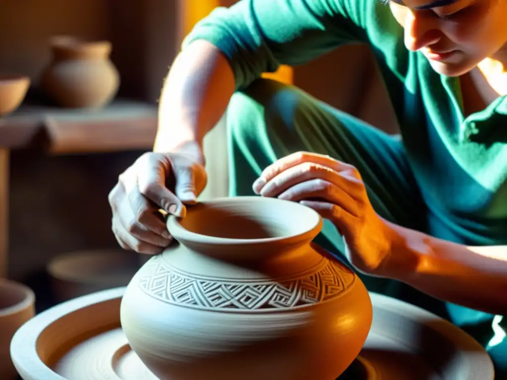 Un artesano tradicional crea cerámica a mano con destreza, iluminado por la cálida luz del sol