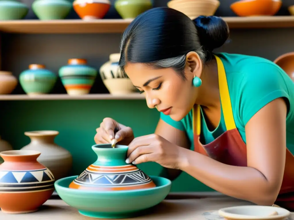 Un artesano tradicional elaborando cerámica rodeado de materiales vintage de marketing, evocando la nostalgia y el orgullo comunitario