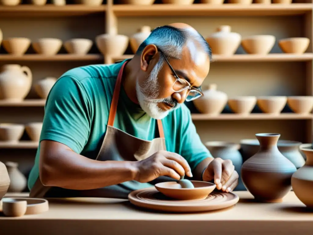 Un artesano tradicional trabaja en cerámica rodeado de herramientas digitales, fusionando técnicas antiguas y modernas