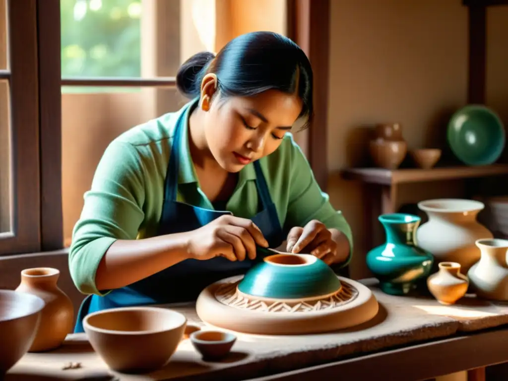 Un artesano tradicional crea cerámica, rodeado de herramientas