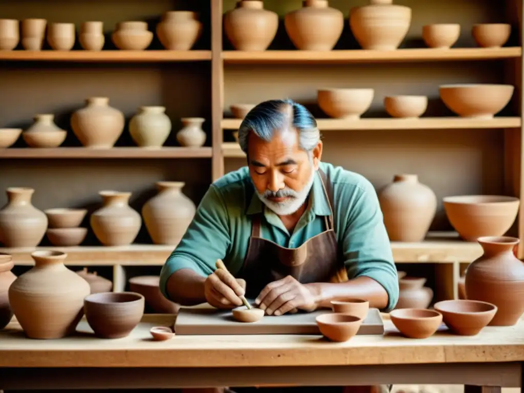 Un artesano tradicional crea cerámica en un taller vintage, capturando la esencia de la artesanía tradicional y el software sostenible