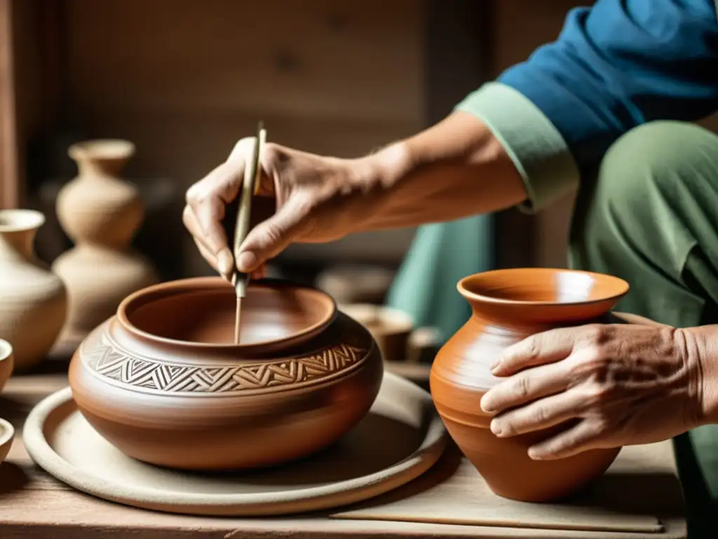 Artesano tradicional moldeando cerámica en un taller vintage