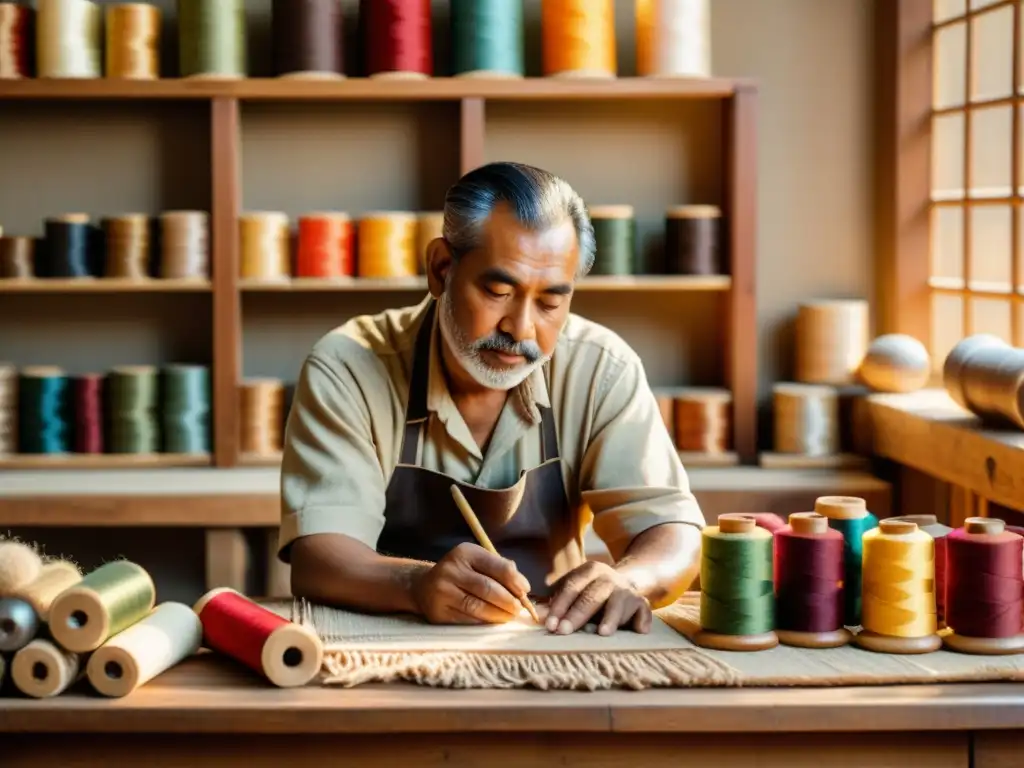 Un artesano tradicional tejiendo una colorida tela, rodeado de hilos y equipo de fotografía vintage en su taller iluminado por la cálida luz natural