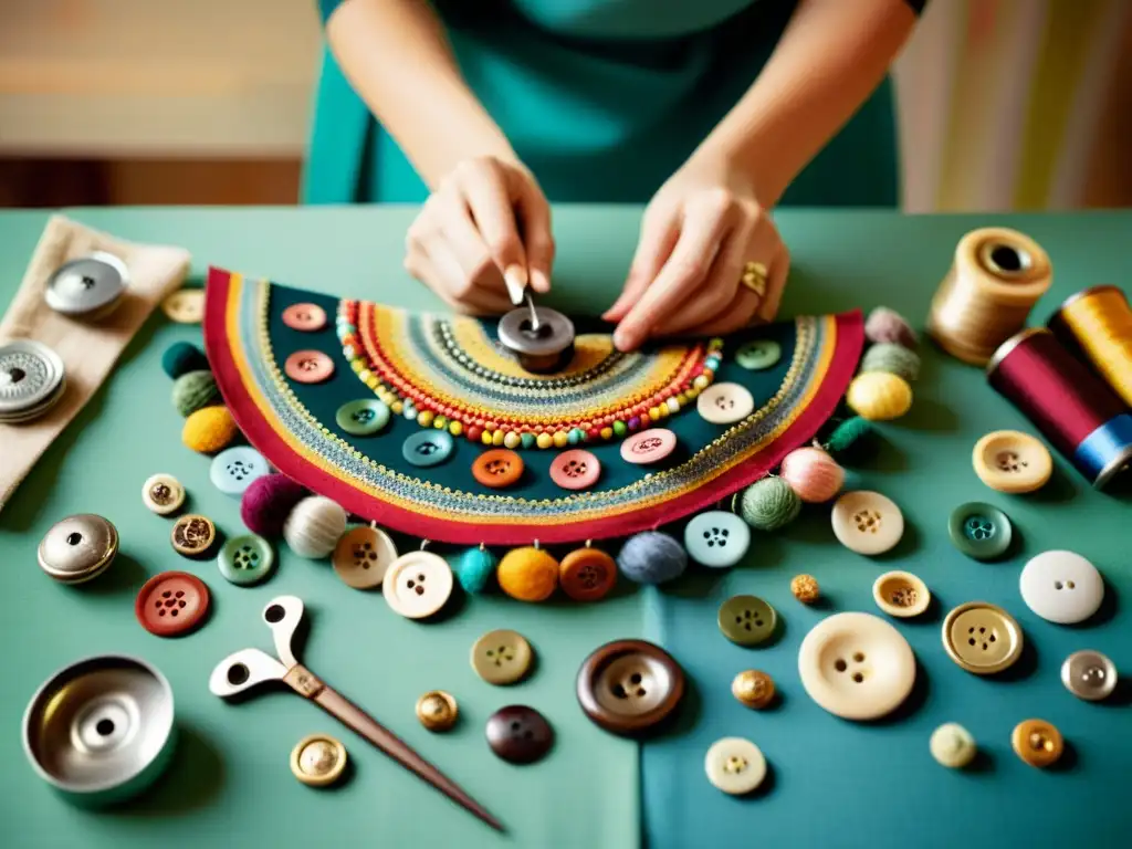 Un artesano tradicional realiza con cuidado bellas piezas de arte reciclado, rodeado de materiales coloridos