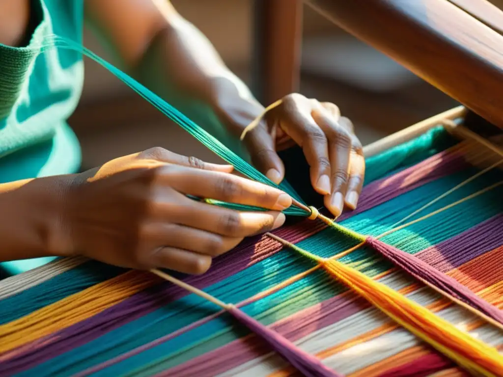 Un artesano tradicional teje con cuidado hilos multicolores en un tapiz con tintes naturales, evocando moda sostenible y tradición