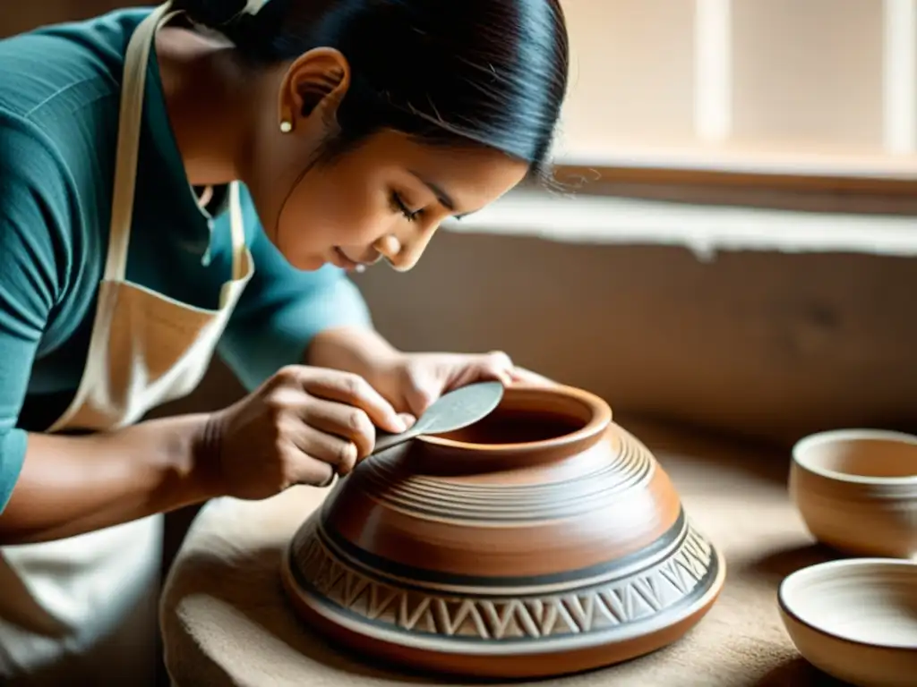 Un artesano tradicional mide con cuidado una pieza de alfarería hecha a mano, envuelto en luz natural