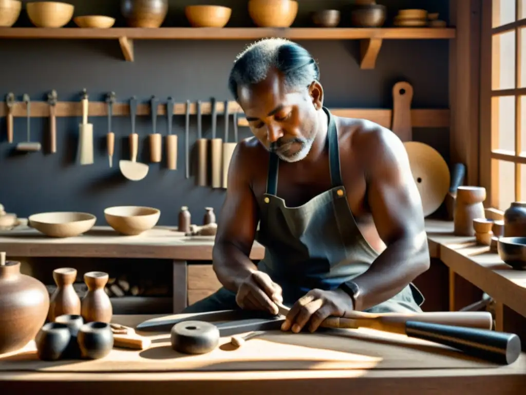 Un artesano tradicional tallando con dedicación en su taller, rodeado de herramientas y materiales artesanales