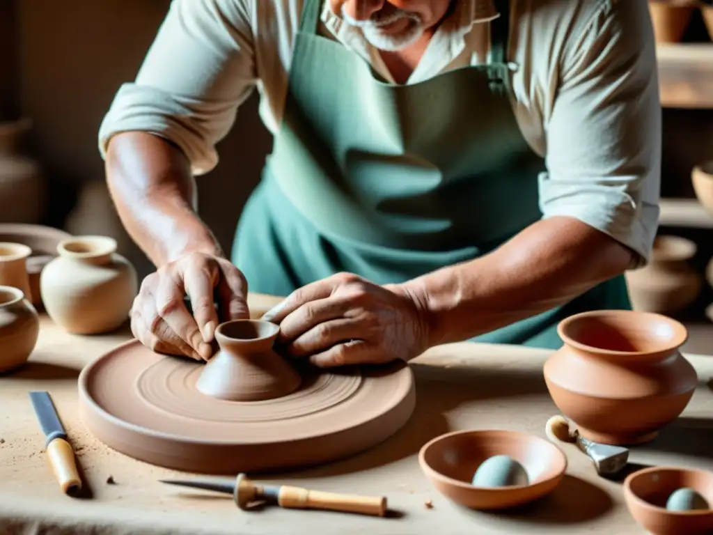 Un artesano tradicional crea una delicada pieza de cerámica en un taller vintage, evocando la artesanía tradicional y el influencer marketing